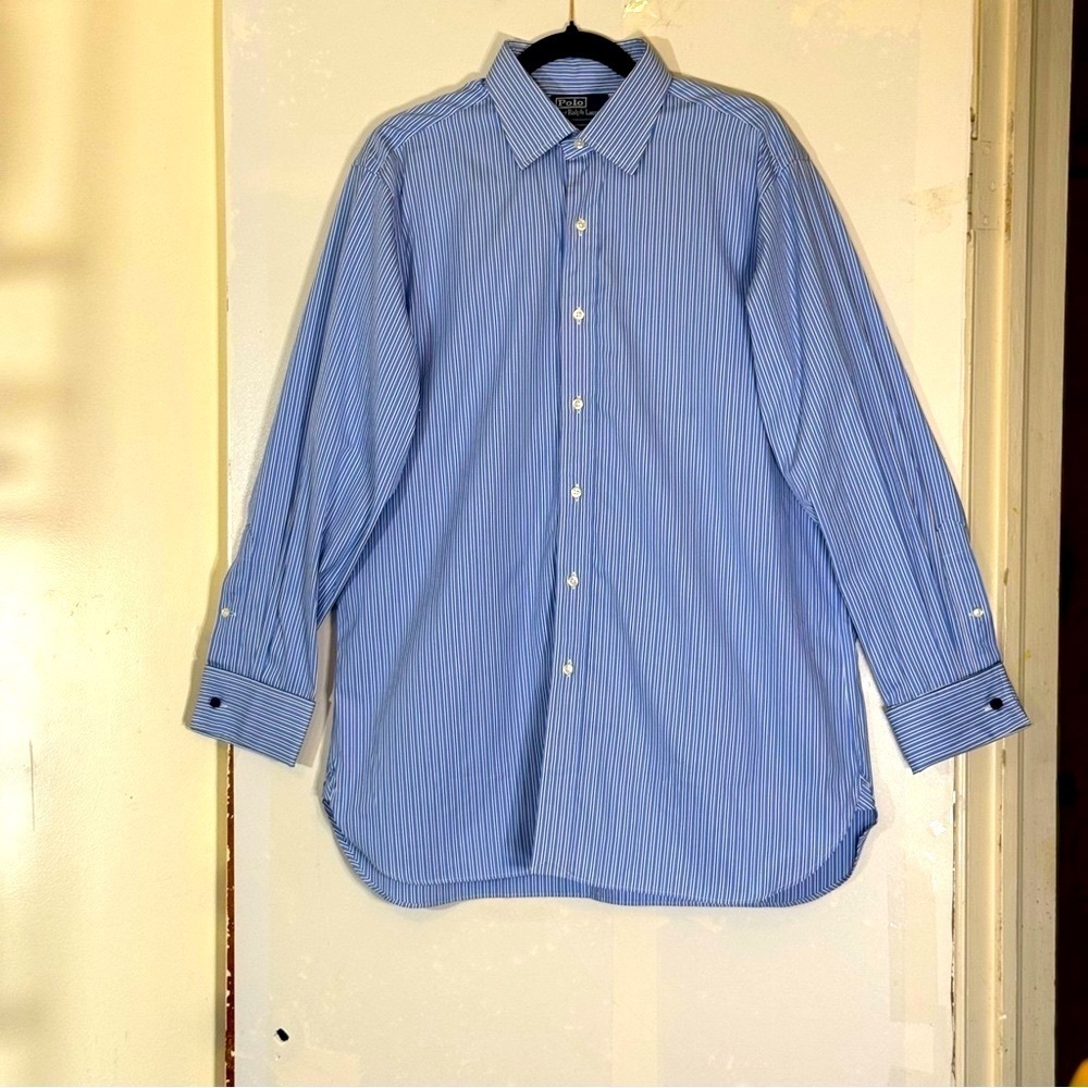 Polo Ralph Lauren Blue Stripe Curham Classic Dress Shirt Fabric Knot Cufflinks